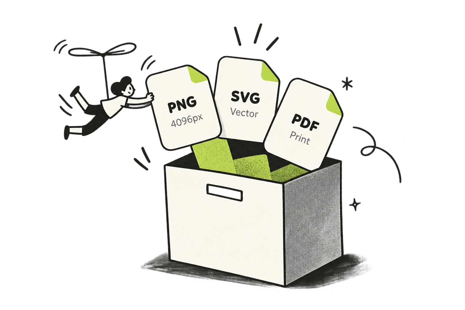 Flying character pushing PNG, SVG, and PDF file cards from an open storage box