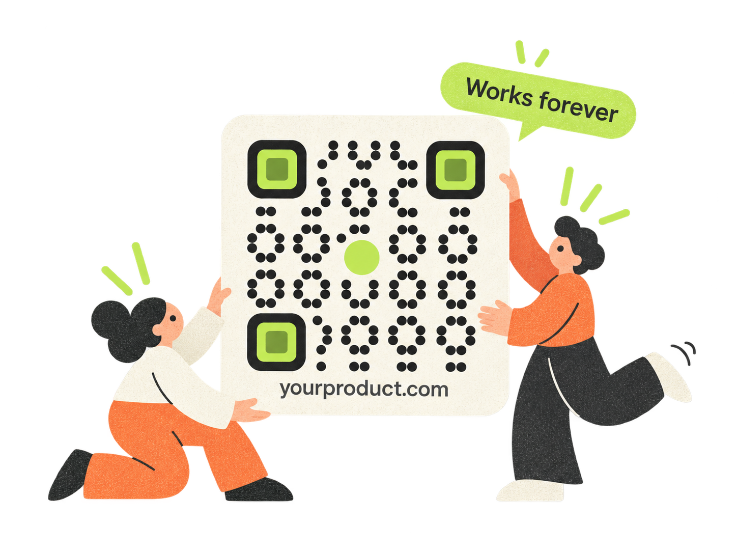 Two people holding a large QR code with a Works forever speech bubble